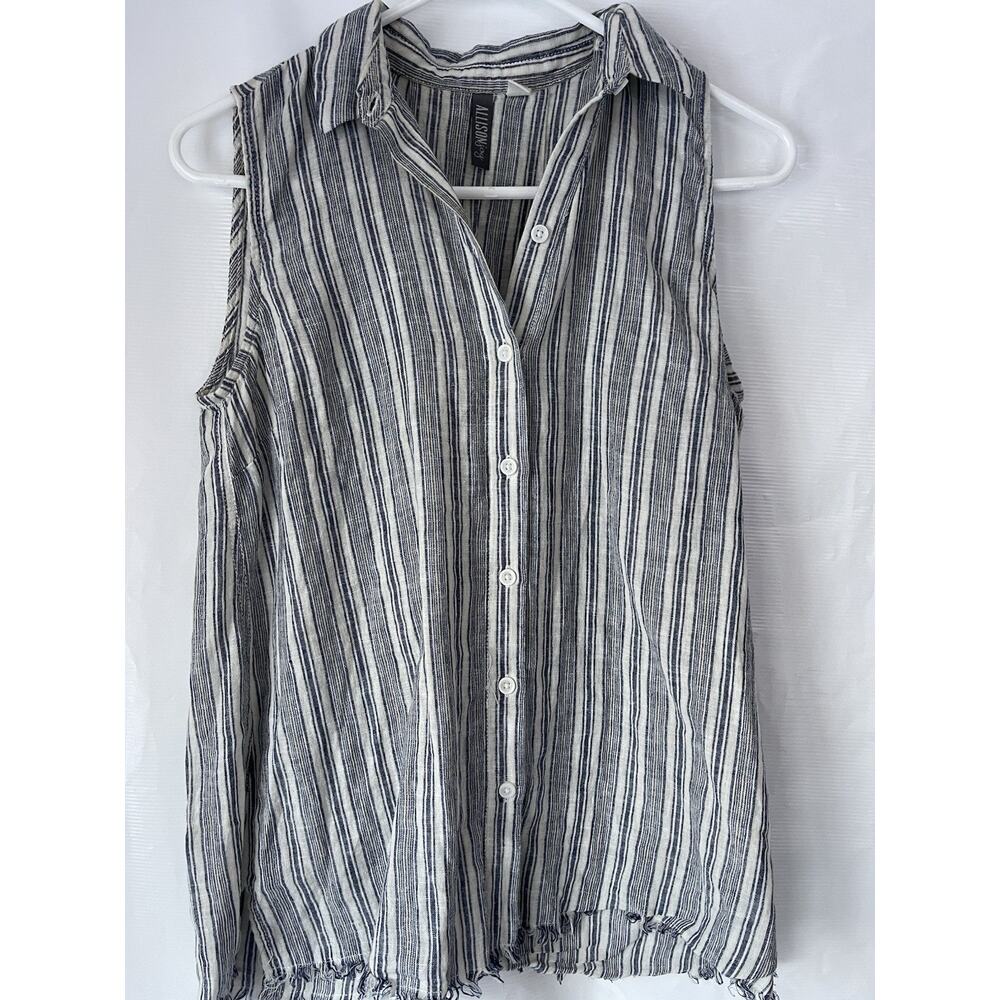Allison Joy Evereve Sleeveless White Blue Stripe Button Top XS Linen Cotton